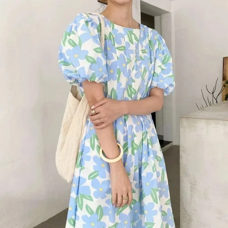 Sundress Midi Floral - Summer Round Collar High Waist Folds