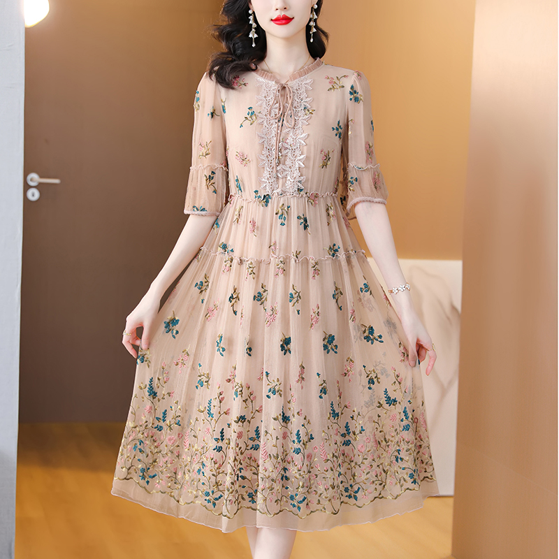 Sundress Midi Floral - Women Floral Natural Silk Embroidery Midi