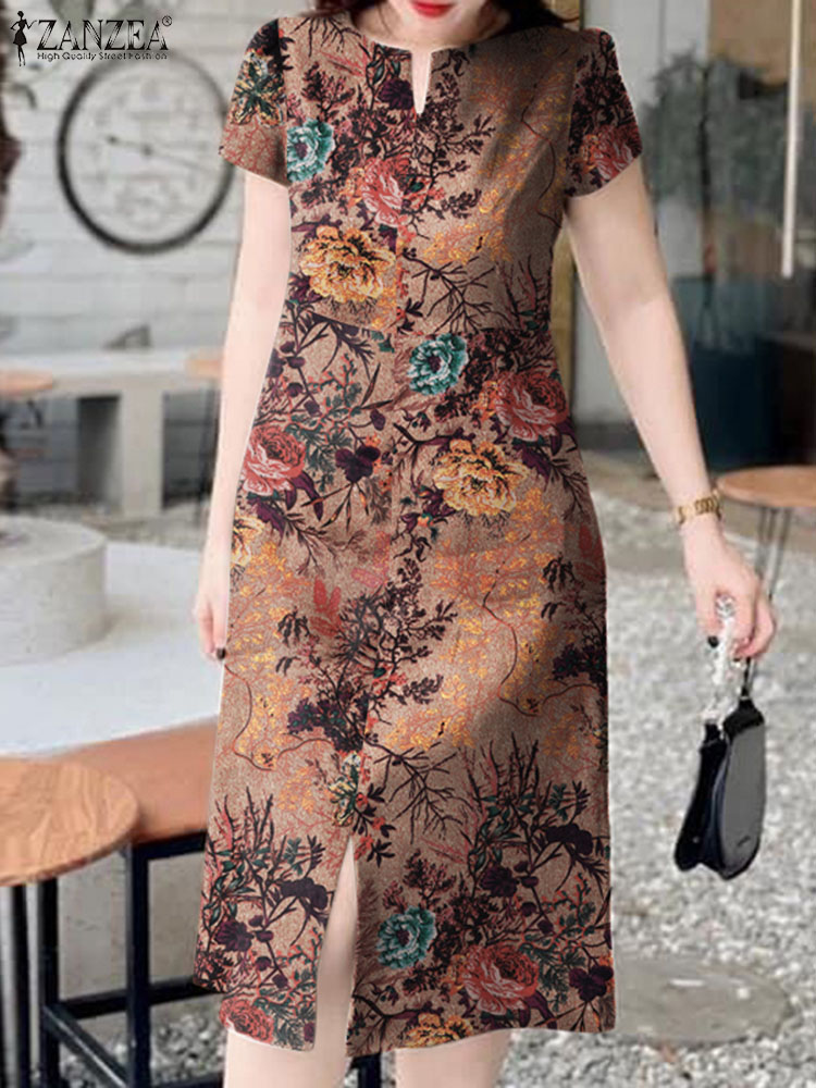 Fashion Retro Short Sleeve Rob - Sundress Midi Floral 评论和价格